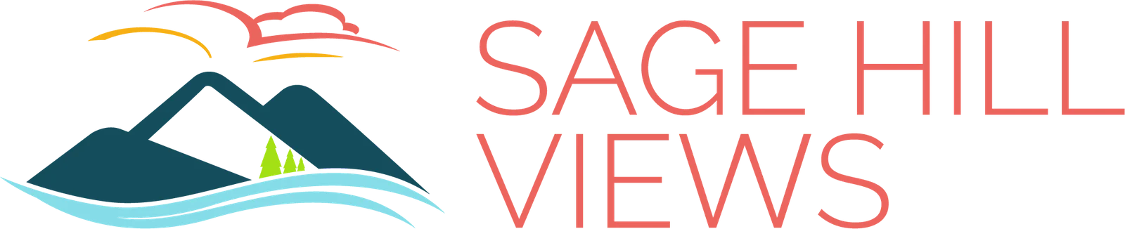 Stylized logo showing mountains, trees, a river, and abstract clouds or birds above with the text 'SAGE HILL VIEWS'.