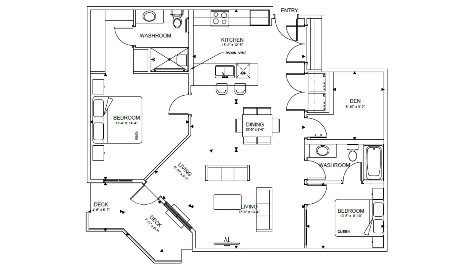 Floor plan of a residential apartment showing bedrooms, washrooms, kitchen, dining area, living room, den, and decks with doors and windows.