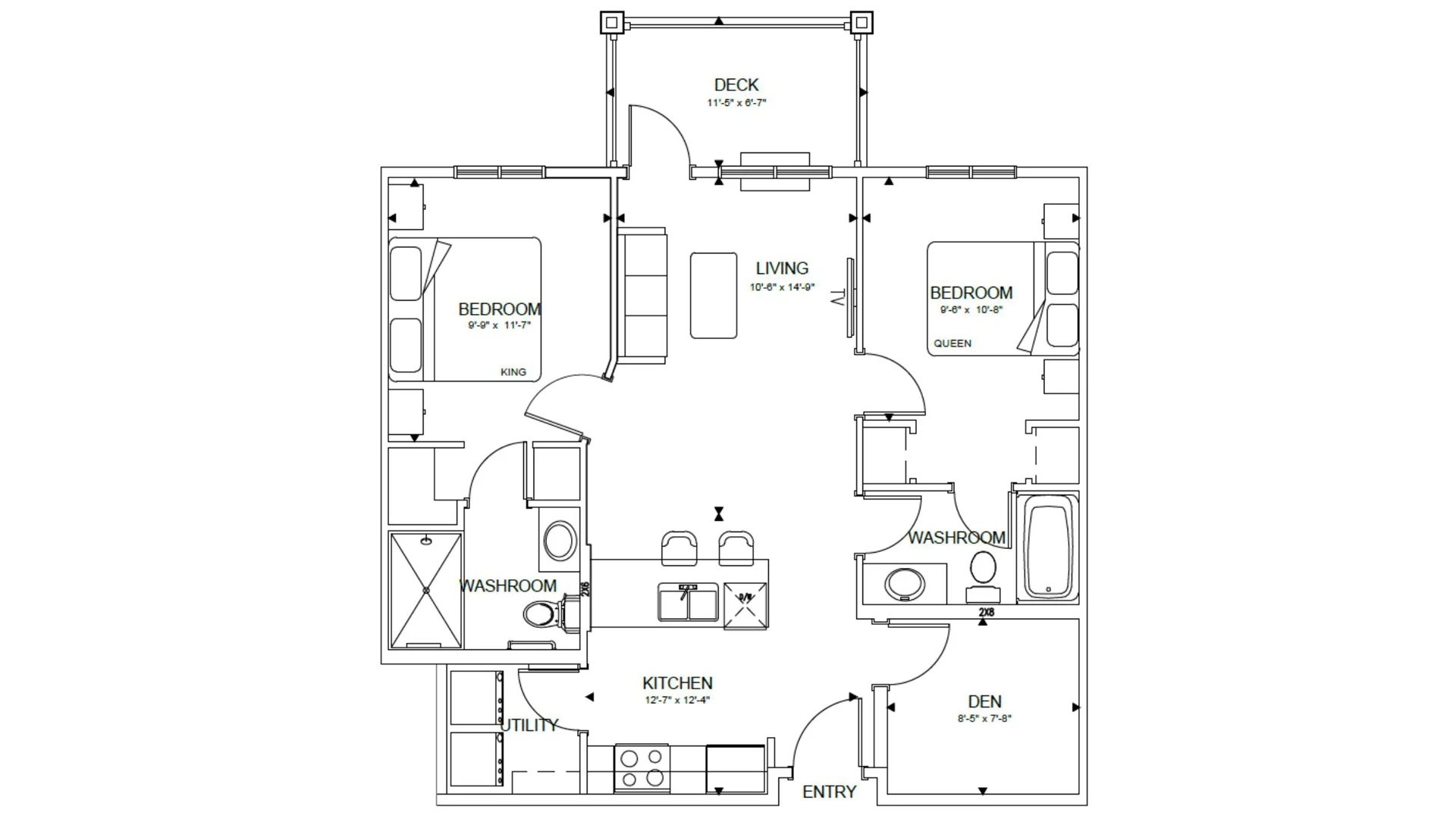 Floor plan of a senior living residence showing bedrooms with queen and king beds, bathrooms with bathtub and toilet, living room with sofa and coffee table, kitchen with island and bar stools, utility room, den, and deck.