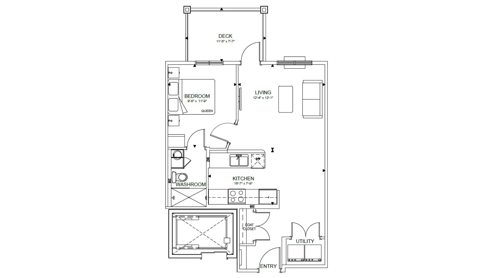Architectural floor plan of a one-bedroom residence with living area, kitchen island, washroom, utility room, coat closet, entry, and deck.
