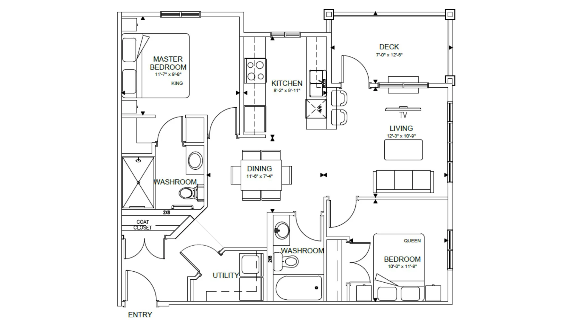Floor plan of a residential apartment with labeled master bedroom, bedroom, kitchen, living room, dining area, two washrooms, utility room, coat closet, and deck, showing furniture and layout.