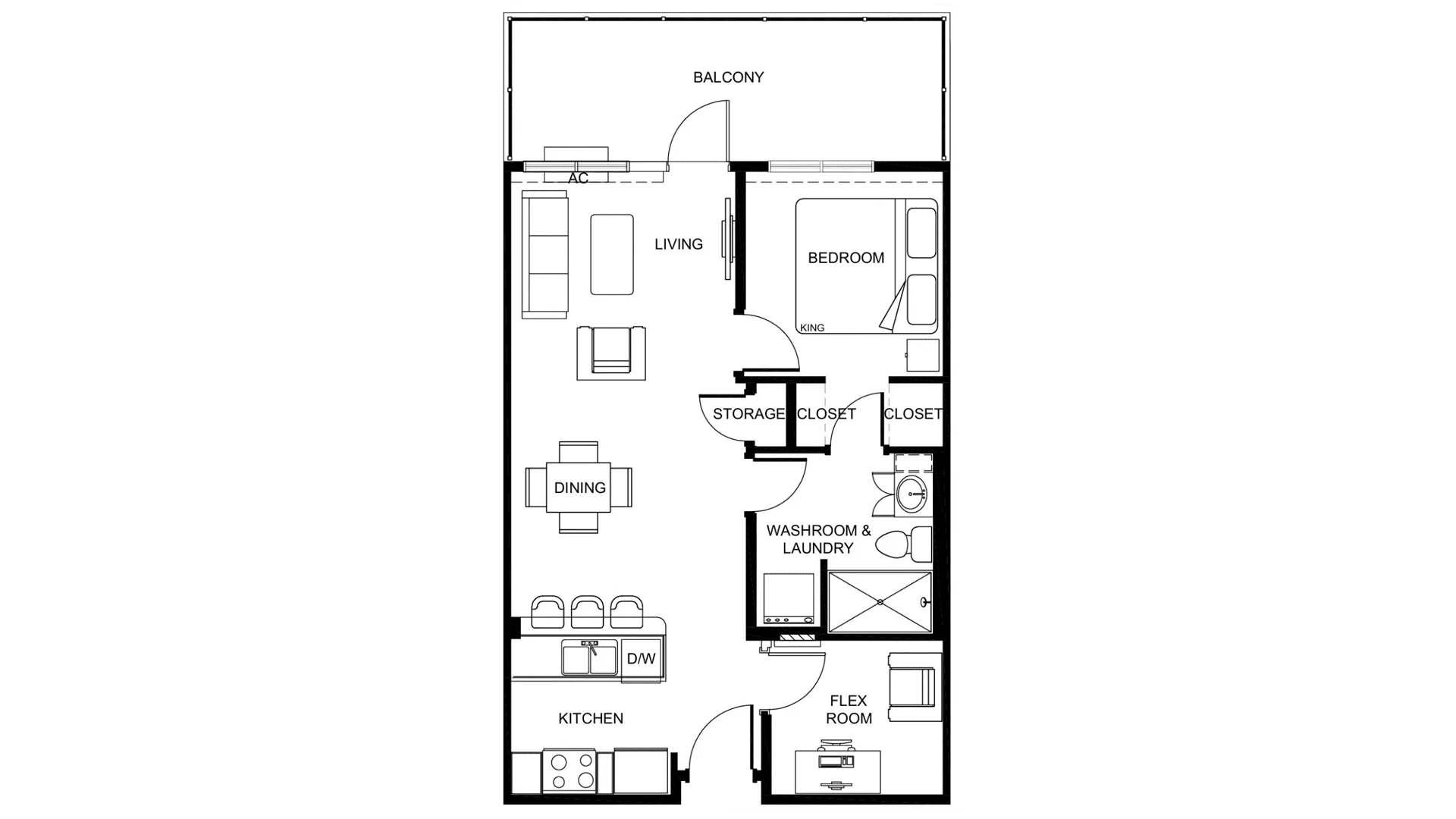 Floor plan of a one-bedroom apartment with living room, dining area, kitchen, flex room, laundry, storage closets, and balcony.