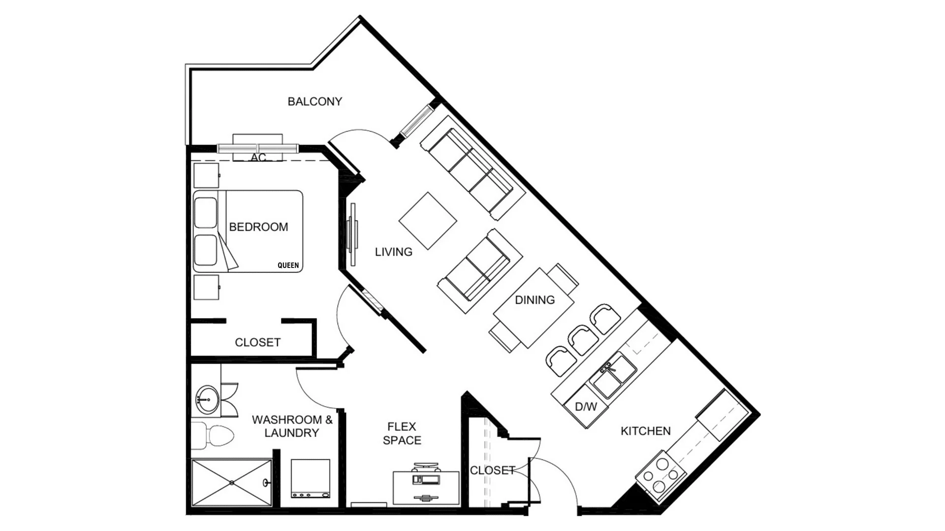 Floor plan of a one-bedroom apartment with living room, dining area, kitchen, bedroom, washroom, laundry, flex space, closets, and balcony.