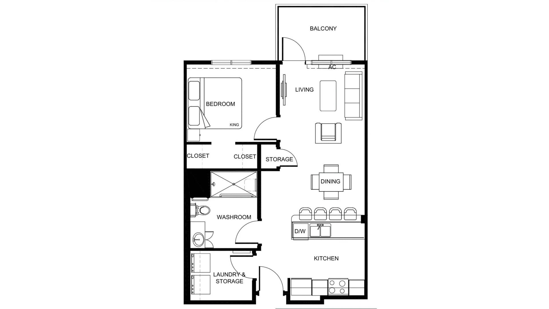 Floor plan of a one-bedroom apartment featuring a bedroom with king-sized bed and two closets, a bathroom with sink and toilet, laundry and storage area, living area with sofa and armchair, dining area with table and chairs, kitchen with stove and dishwasher, and balcony with door.
