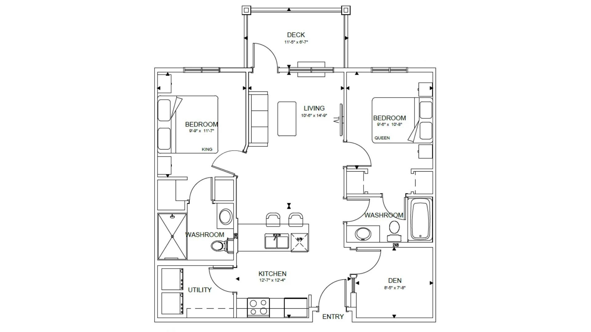 Floor plan showing layout of residential apartment with bedrooms, washrooms, kitchen with island and stools, living area with sofa, utility, den, entry, and deck.