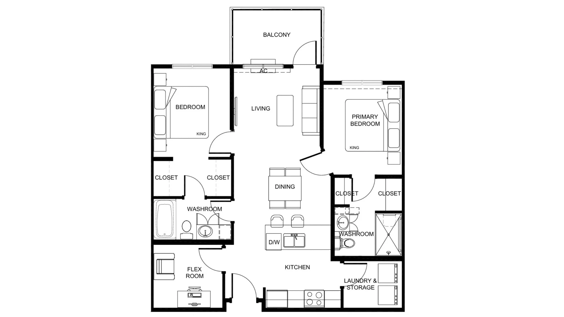 Floor plan showing layout of residential apartment with bedroom, living room, dining area, kitchen, bathroom, desk area, closets, and balcony.