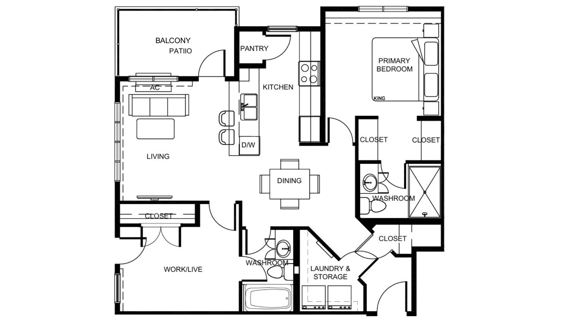 Architectural floor plan of a residential apartment with labeled living room, kitchen, dining area, work/live space, bedroom, washrooms, laundry, closets, and balcony.