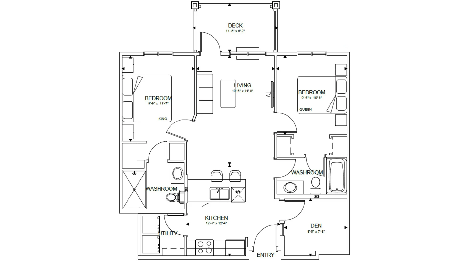 Architectural floor plan of a residential apartment including bedroom, living room, deck, kitchen, den, and washroom with furniture and fixtures