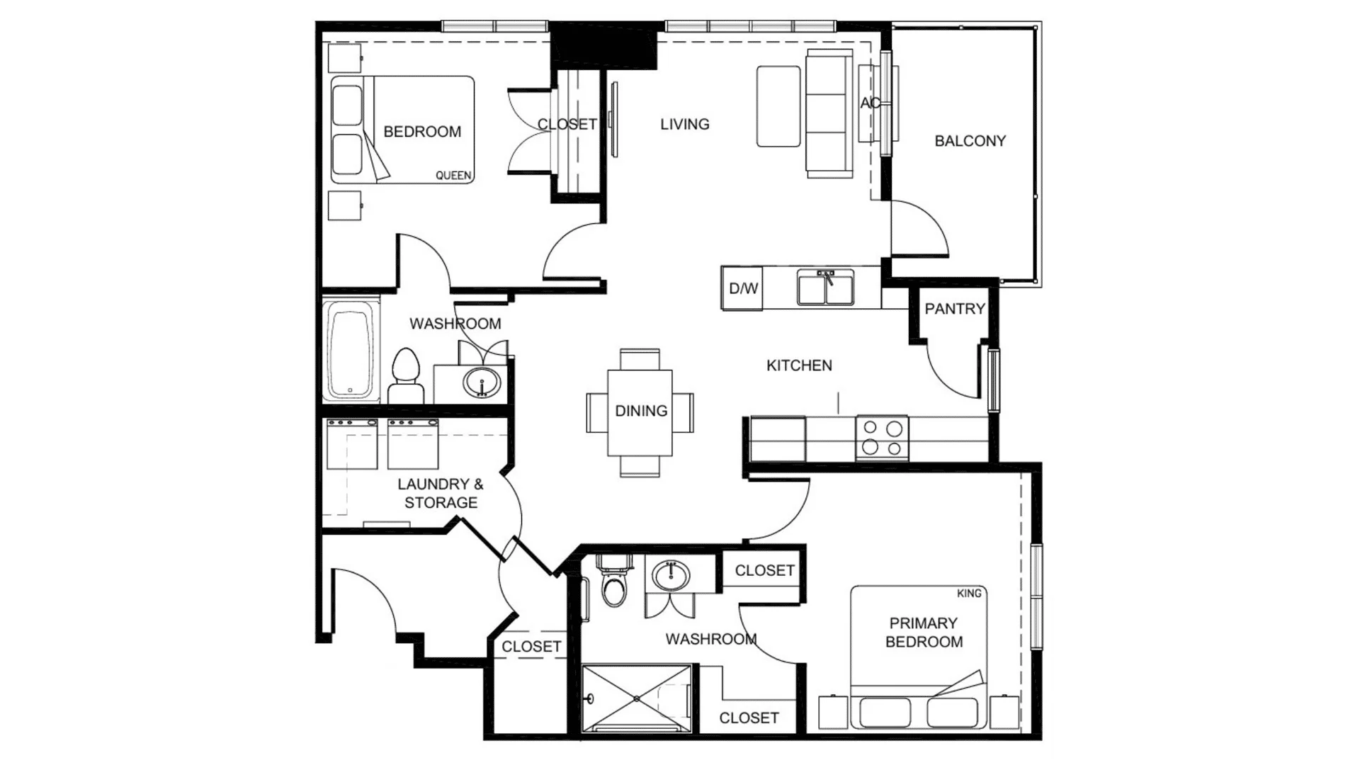 Architectural floor plan showing an apartment layout with living area, kitchen, dining table with chairs, bedrooms with queen and king beds, bathrooms, laundry area with washer and dryer, closets, and balcony with air conditioning unit.