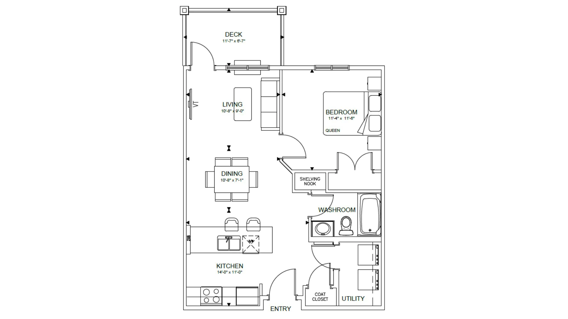 Architectural floor plan of a residential apartment including a deck, living room with sofa and coffee table, dining area with table and chairs, kitchen with island and appliances, bedroom with queen bed, washroom with bathtub and sink, coat closet, shelving nook, and utility room.