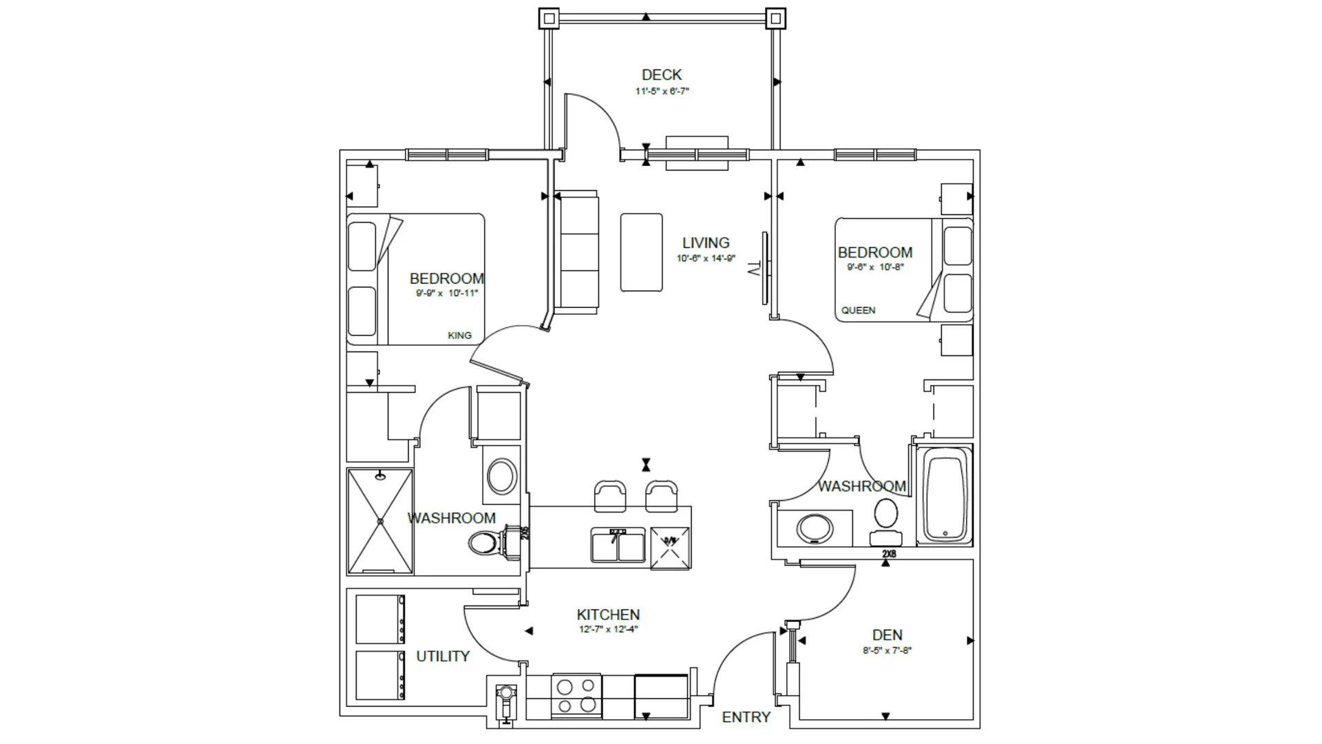 Architectural floor plan showing apartment layout with bedrooms, living room, kitchen island, bathrooms, utility area, and deck.