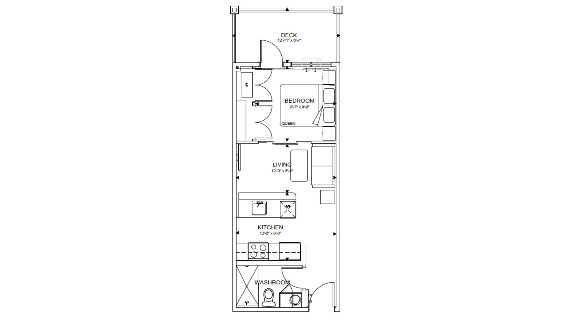 Floor plan showing a small residential unit with bedroom, living room, kitchen, washroom, and deck including furniture and appliances.