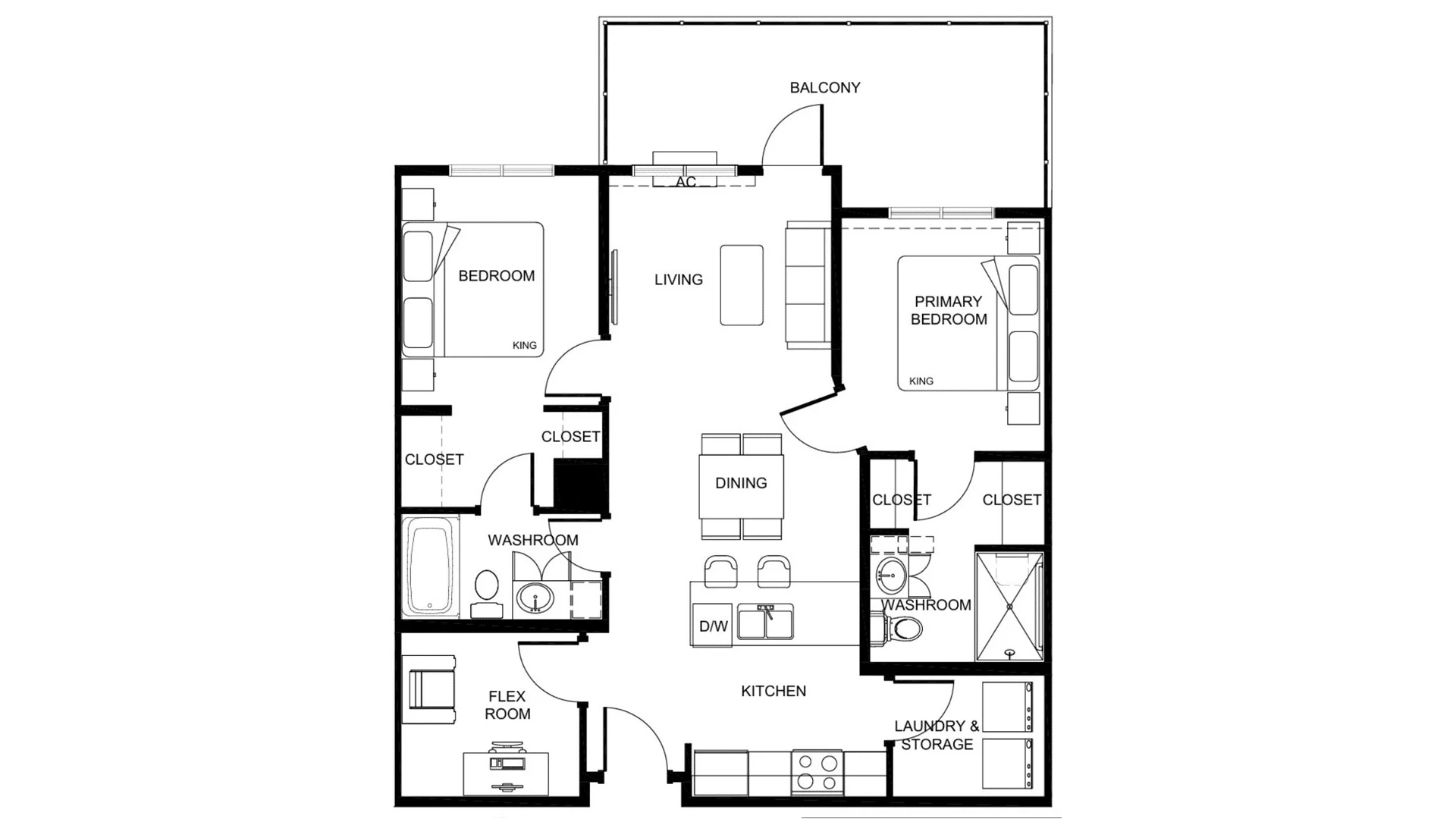 Architectural floor plan of a two-bedroom apartment showing living room, dining area, kitchen with island, two bathrooms, closets, flex room, laundry and storage areas, and balcony.